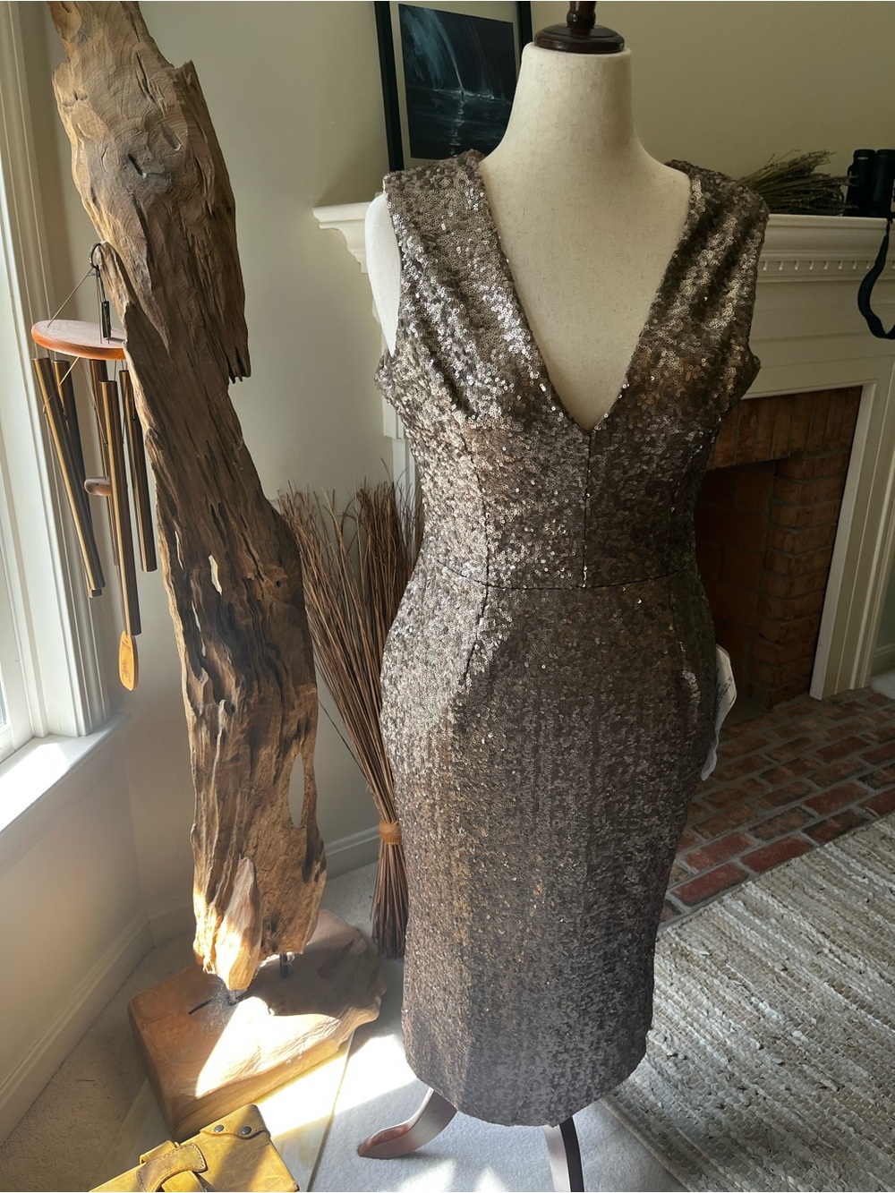 Dress the Population Metallic Taupe Sequin V-Neck Sheath Cutout Back